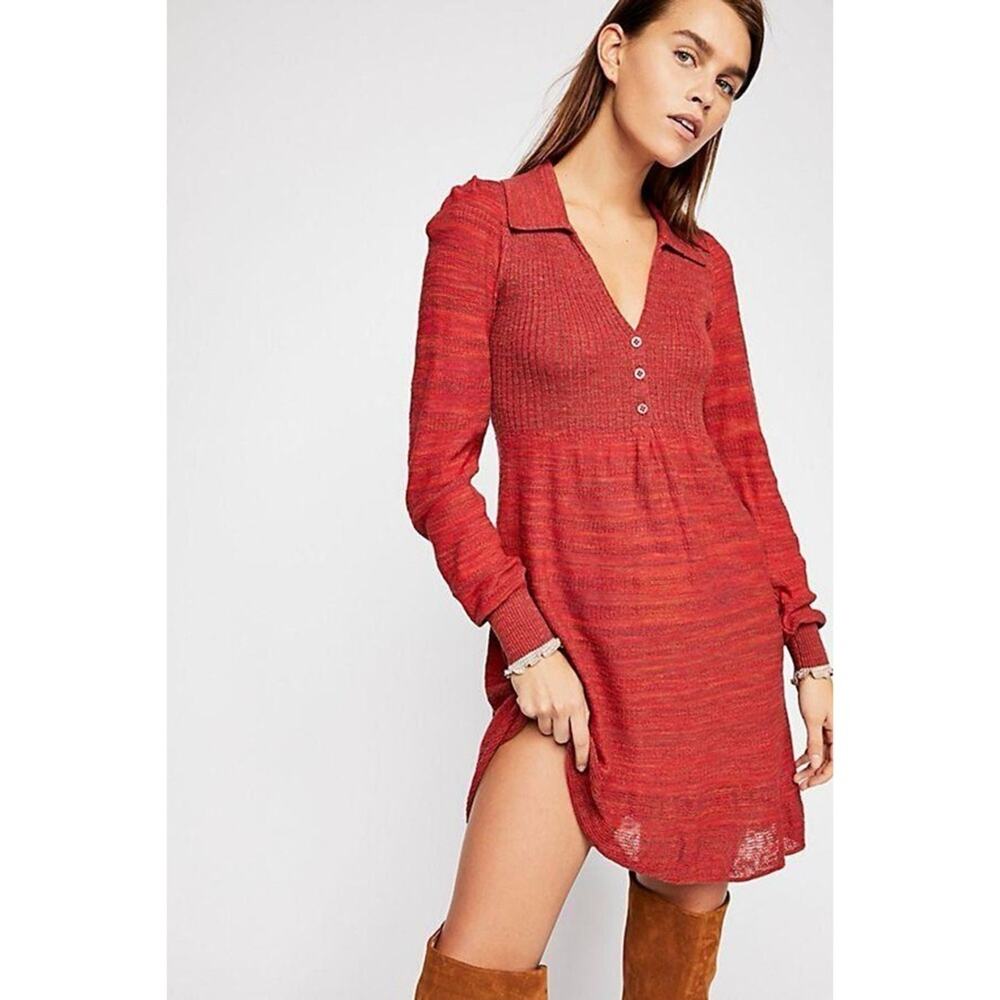 FREE PEOPLE Sweater Dress Size Medium Red Knit Ruffles Boho Indie Fall Country